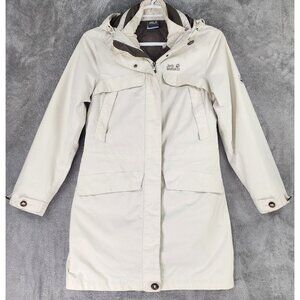 Jack Wolfskin Jacket Womens Medium Beige Full Zip Hooded Long Sleeve Parka Coat